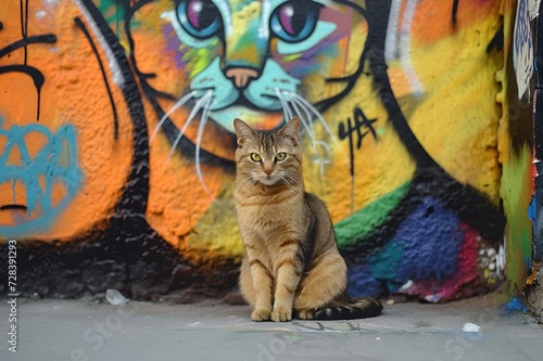 a brown cat sitting in front of graffiti and wall with green eyes