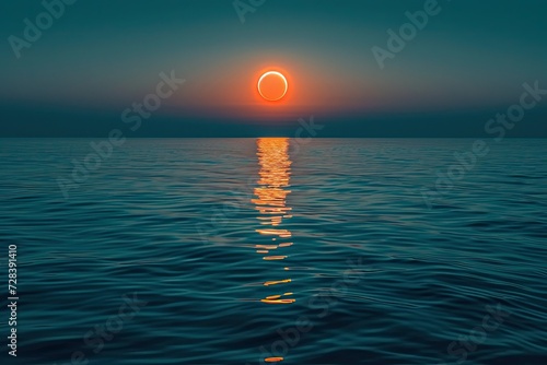 Solar eclipse over calm waters of the sea or ocean. Atmosphere of peace and tranquility photo