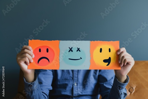 Happy Smiley Emoji solicitude Emoticon, colored Symbol pictogram. Smiling face feedback reporting. Joyfull offer sympathy big smile. anger management client rating and customer feedback photo