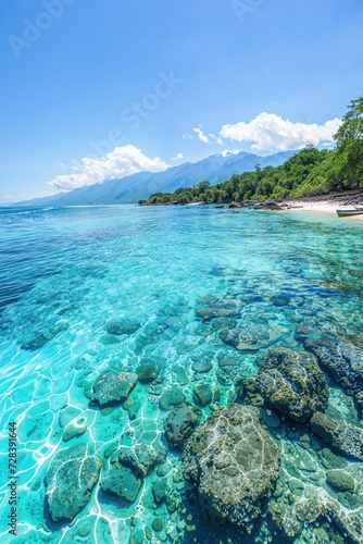 Oasis nestled between the lush trees and rocky cliffs, with the crystal clear blue water reflecting the vibrant sky above in a picturesque tropical paradise