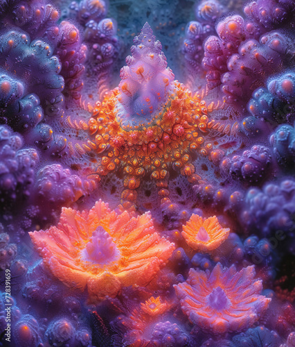 Psychedelic mandala fractal pattern, floral forms, vibrant, neon, vintage decorative element