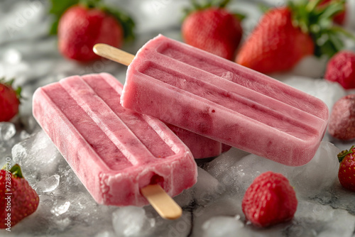 Homemade strawberry popsicles lying on marble surface.