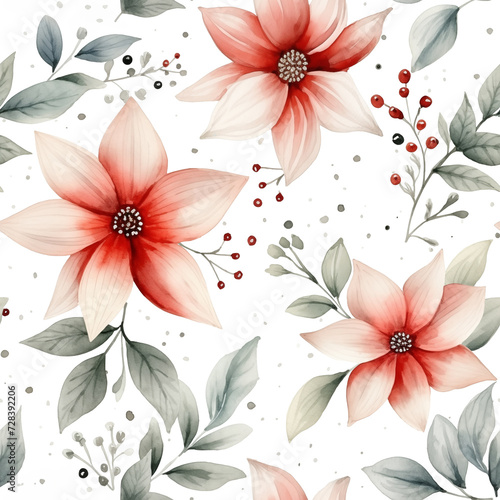 Watercolor seamless pattern with red poinsettia flowers and green foliage isolated on white background.