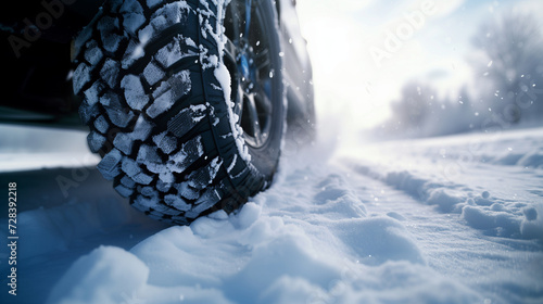Vehicle tire on snowy road with forest © tiagozr