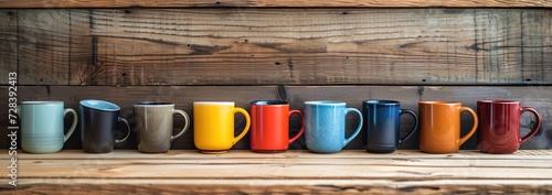 Colorful Ceramic Mugs Lined Up Against Wooden Backdrop, A wide banner ,