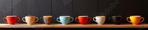 Espresso Cups in a Row on Shelf Against Dark Background, A wide banner ,.