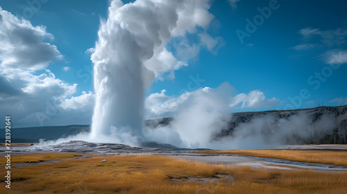 A photo of Yellowstone's Old Faithful geyser, with an expansive geothermal landscape as the background, during an eruption