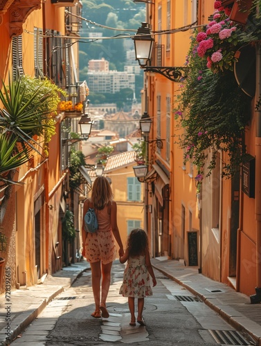 Fototapeta Naklejka Na Ścianę i Meble -  A female traveler and her child strolling through the narrow alleys of Nice, France. Family vacation idea.