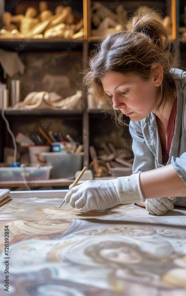 Fototapeta premium A professional restorer is restoring an ancient painting