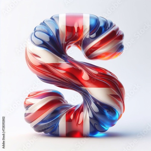 Glasss letter S in color of United Kingdom flag. AI generated illustration