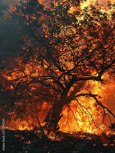 A blazing tree. City threatened by wildfire  endangering drivers and passengers. Deadly inferno.