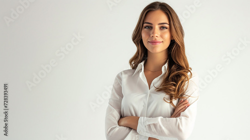 Young pretty bussines woman standing with arms crossed isolated on white background with copyspace area