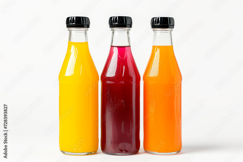 Three bottles of natural vegetable or fruit juices with black caps without labels isolated on a white background Three bottles of natural vegetable or fruit juices with black caps without labels isolated on a white background