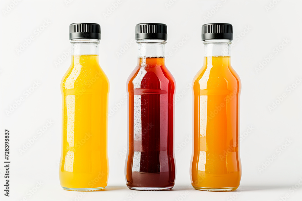 Three bottles of natural vegetable or fruit juices with black caps without labels isolated on a white background 