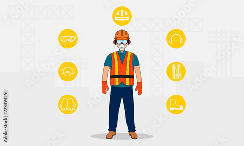 Safety equipment. Worker with personal protective equipment. Vector illustration.