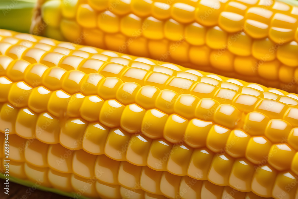 Freshly harvested corn on the cob with green husks partially removed against a neutral background Freshly harvested corn on the cob with green husks partially removed against a neutral background