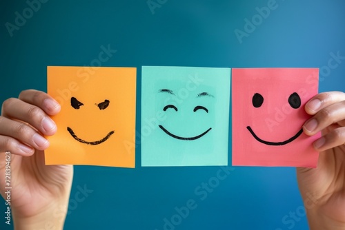 Happy Smiley Emoji handicraft workshop Emoticon, colored Symbol service rating. Smiling face response. Joyfull positive emotions big smile. emotional symbol client rating and customer feedback photo