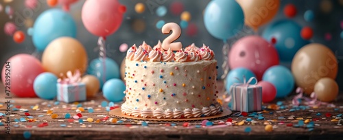 Happy 2nd Birthday Colorful Cake with Pink and White Icing, Balloons, and a Number Two Candle Generative AI photo