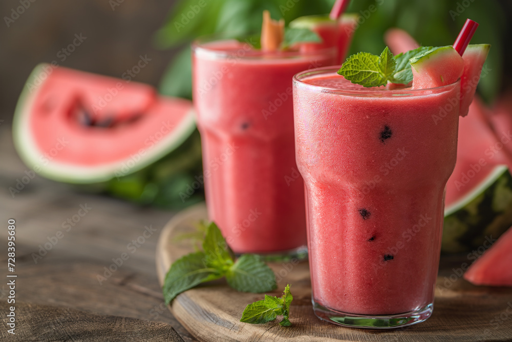 Watermelon cocktail on a wooden table. Watermelon cocktail on a wooden table.