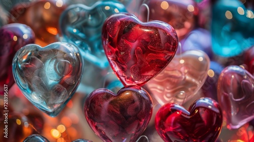 Glass small red hearts close up. For any design for Valentine's Day, lovers, Mother's Day, International Women's Day.