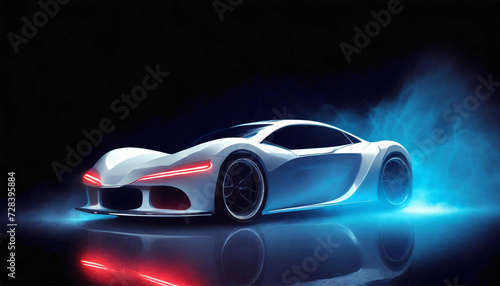 Elegant futuristic  white shiny car of the future  headlights on  blue smoke