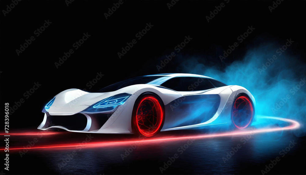 Elegant futuristic, white shiny car of the future, headlights on, blue smoke