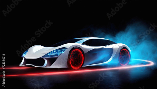 Elegant futuristic, white shiny car of the future, headlights on, blue smoke © Gulmira 
