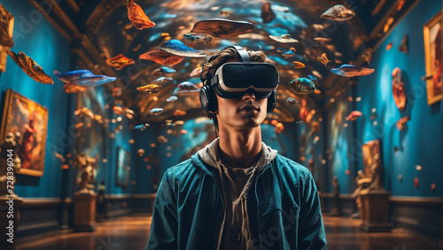 Young man wearing a virtual reality headset