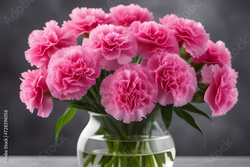 Pink Carnation Bouquet in Elegant Glass Vase on Dark Background with Copy Space