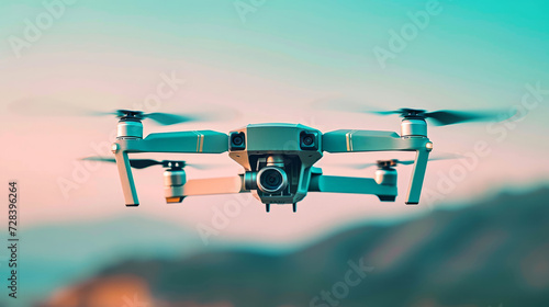 Sleek modern drone in flight against a clear blue sky for high-tech surveillance