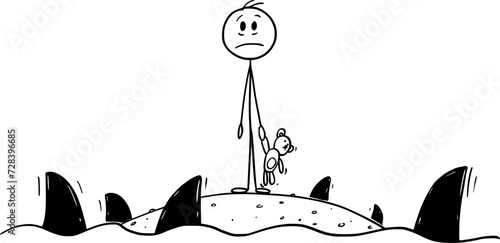 Child Alone on Island Divided by Sea of Sharks, Vector Cartoon Stick Figure Illustration