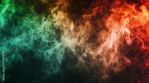 Vibrant smoke patterns on a dark backdrop with hues of red, green, and chestnut ink.
