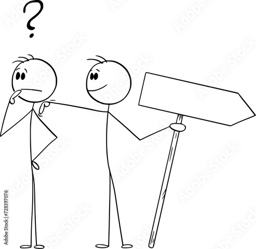 Person Looking for Some Guide on The Way, Vector Cartoon Stick Figure Illustration