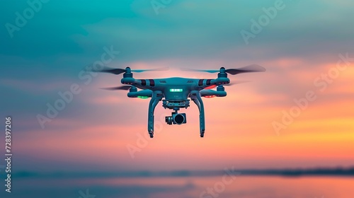 Sleek modern drone in flight against a clear blue sky for high-tech surveillance