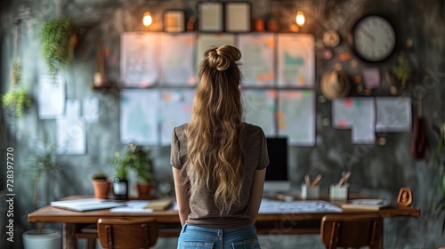 Rear view of woman looking at Vison board at home workplace, table, computer on background photo