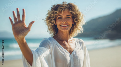 Joyful female in white waving hello on a breezy seaside