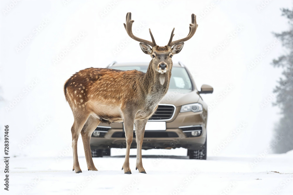 European fallow deer stands frozen on the snowy road. The car is visible in the background. Generative ai image. European fallow deer stands frozen on the snowy road. The car is visible in the background. Generative ai image.