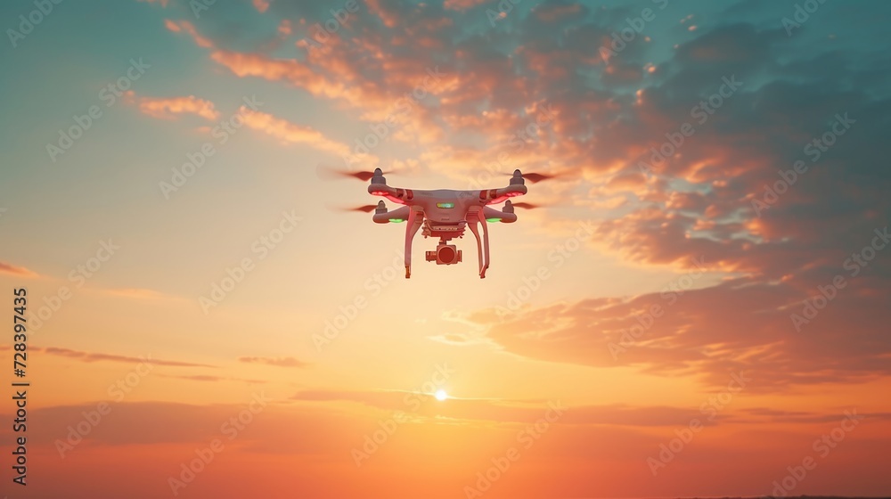 Drone soaring in a tranquil sky with intricate camera against a sunset backdrop