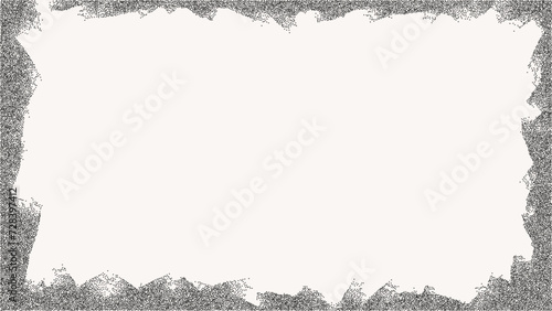 Black dotted textured horizontal frame, noisy gritty dot halftone effect, vector illustration. Fashionable banner in grunge style. Paint stains and uneven geometric edges.