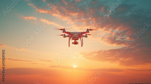 Drone soaring in a tranquil sky with intricate camera against a sunset backdrop © nur
