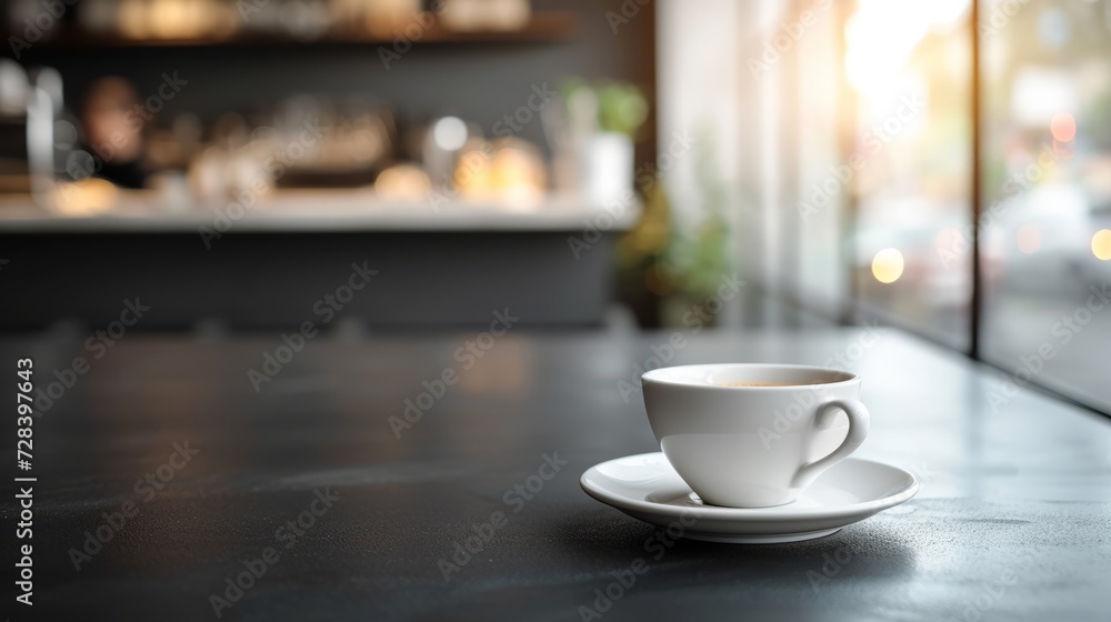 A moment of solitude with a hot coffee in a minimalist cafe setting - obrazy, fototapety, plakaty 