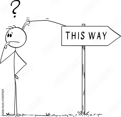 Person Looking for Some Guide on The Way, Vector Cartoon Stick Figure Illustration