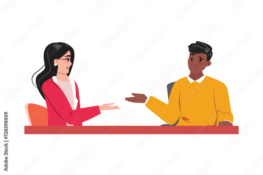 White woman and black man talking to each other and gesticulating with hands. White woman and black man talking to each other and gesticulating with hands.