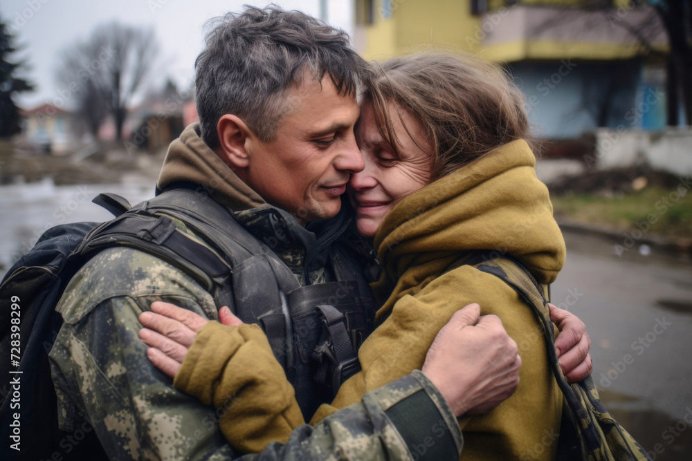 A soldier in camouflage returned home from war and hugs his wife A soldier in camouflage returned home from war and hugs his wife