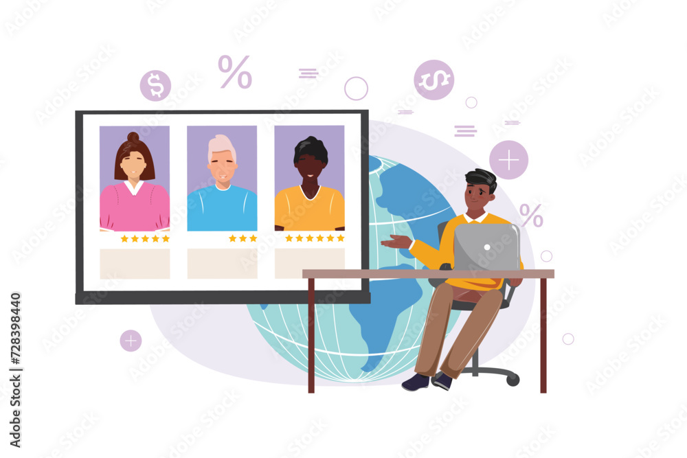 Black Man Scanning Candidates with Ratings on a Big Screen around the world. Big globe on the background and business signs. Black Man Scanning Candidates with Ratings on a Big Screen around the world. Big globe on the background and business signs.