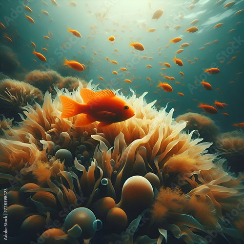 Orange Fishes Among Algae in the Ocean or Sea, Underwater World Concept