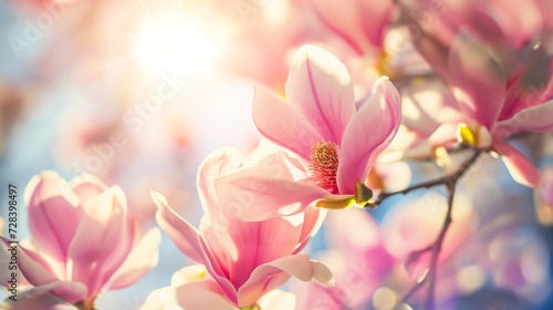 Magnolia tree blossom in springtime. Pink flowers © mirifadapt