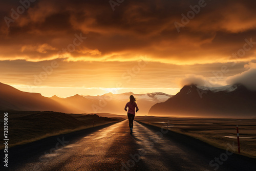 woman jogging in the mountains in the evening, in the style of dramatic landscapes