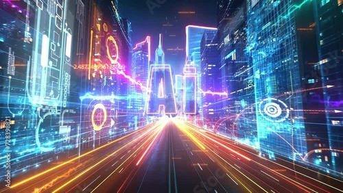 Wallpaper Mural Smart city and digital transformation. Ai inscription between digital skyscrapers, technology concept video. Telecommunication and communication network concept.  Torontodigital.ca