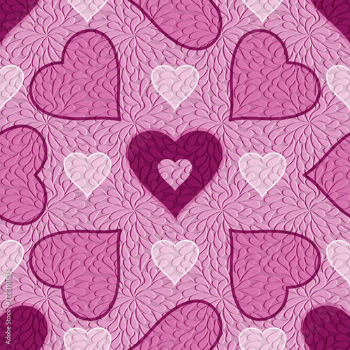 Vector geometric valentines seamless pattern of colorful hearts in doodle style with paisley on a rose background